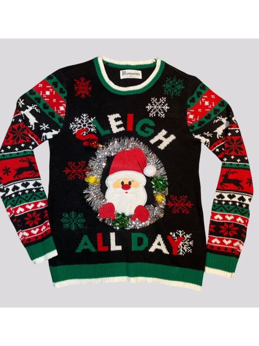 No Boundaries Womens Christmas Sweater Santa Sleigh All Day Size S 4-6